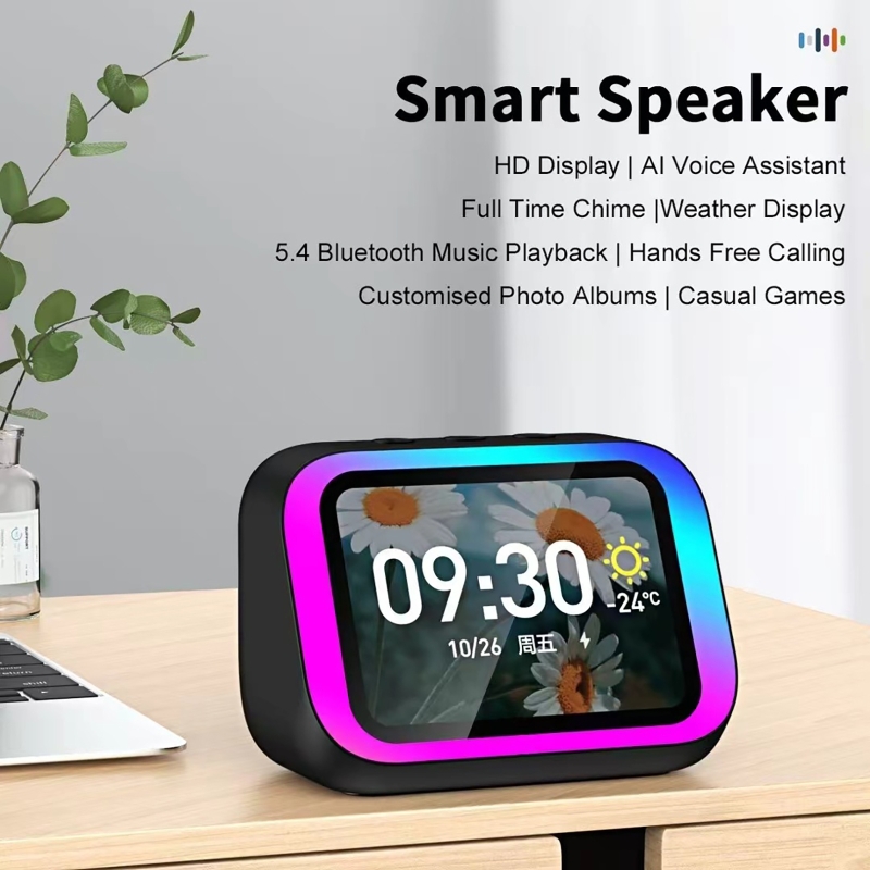 Smart Home Sistem - AI音声アシスタント Bluetoothスピーカー RGBカラー照明付き目覚まし時計 LEDスクリーン天気時計表示 電子スピーカー