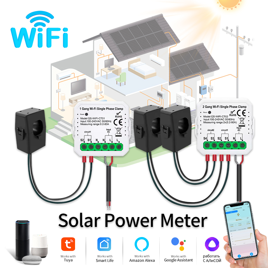 Smart Home Energy Monitor - Tuya スマート WiFi 太陽光発電エネルギーメーター 80A クランプ双方向アプリモニター輸出輸入電力