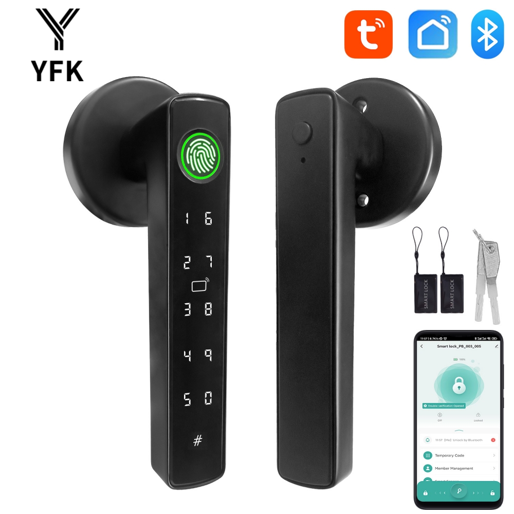Smart Home Interior - YFK Tuya 5-in-1スマートドアハンドルロック Bluetooth指紋認証キーレスエントリーロック フェイクPIN NFC
