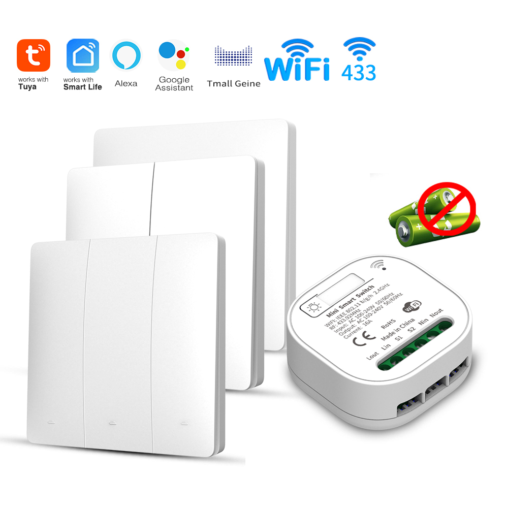 Smart Home Tools - Tuya WiFi スマートセルフパワーライトスイッチ、運動エネルギーで電池不要、Alexa Google Home対応、後付け簡単設置