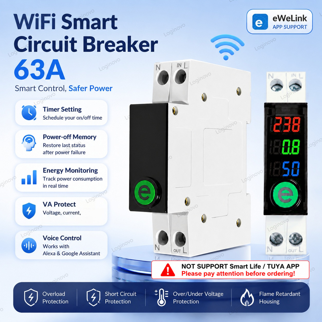 Smart Home Energy Monitor - 63A スマートWiFiサーキットブレーカー MCBリレースイッチ EWelinkアプリ エネルギーモニター 電圧電流保護装置